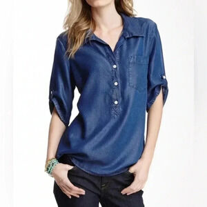 Lucky Brand Charleigh Polka Dot Denim Chambray Shirt SZ M